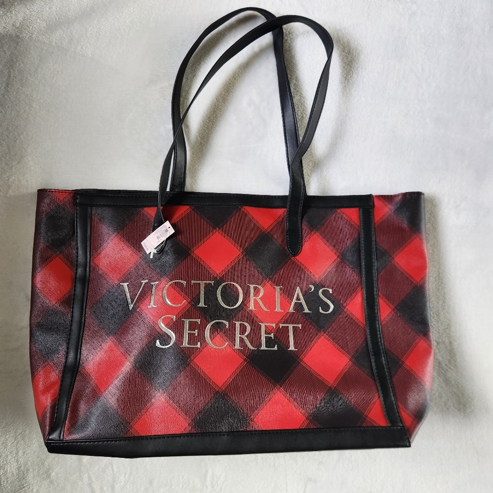 Victoria Secret Vinyl Tote Bag Red Black‎ Plaid Checked NWT